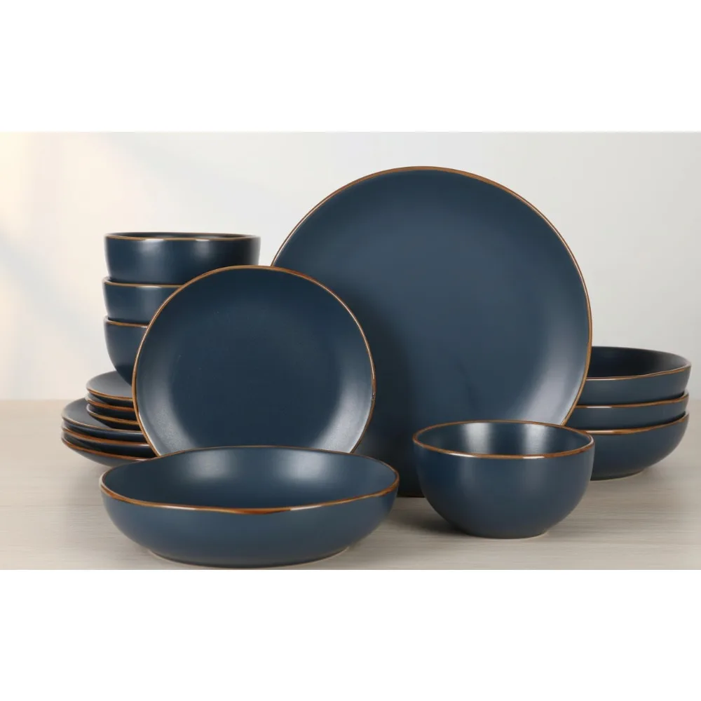 

16-Piece Navy Blue Stoneware Dinnerware Set - Durable Ceramic Plates & Bowls for Modern Kitchens