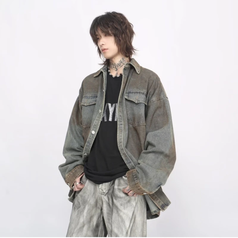 2024 Trend Gradient Mens Denimเสื้อแจ็คเก็ตอเมริกันHigh Street Single BreastedคาวบอยCardigan Retroรถจักรยานยนต์เสื้อบาง