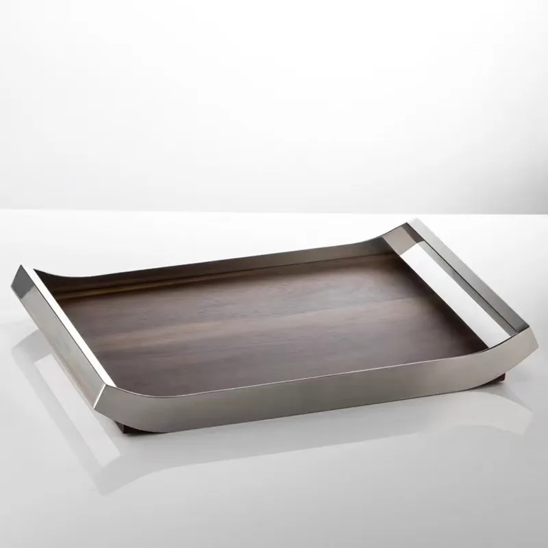 Mirror Stainless Steel Decorative Wooden Tray, Fruit Tray, Rectangular Metal Storage Tray with Handle, Desktop Storage Container