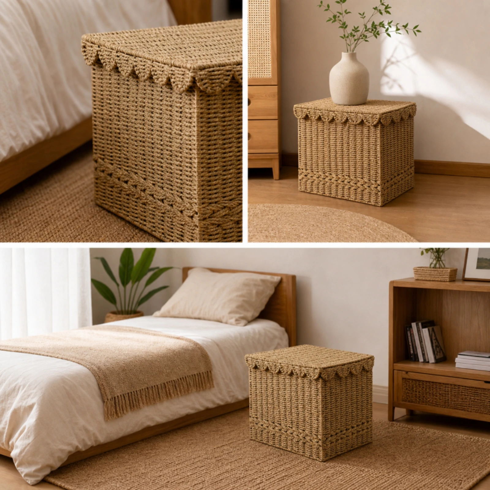 Storage Basket with Lid Braided Rope Basket with Lining Decorative Stylish for Bedroom, Bathroom