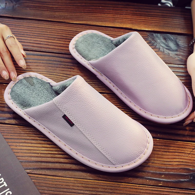 

Wholesale Leather Women slippers Indoor Waterproof Fur Flat Men's Winter Home Slipper Cotton Bedroom Houseshoes 2026 Hot Sale