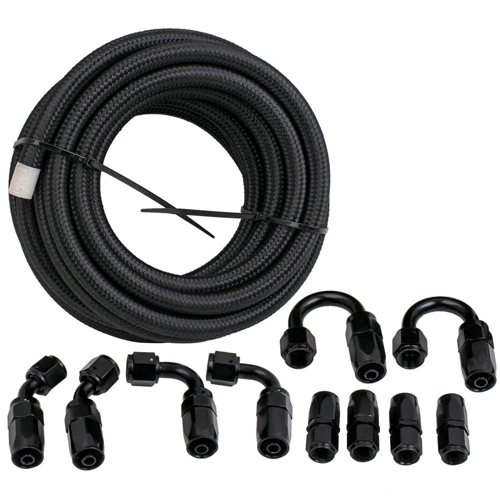 AN6 6AN 20 Feet Nylon Braided Oil Fuel Line & Reusable Swivel Fuel Hose Fitting