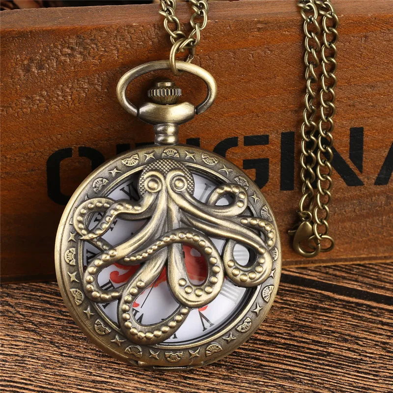 

Classic Bronze Octopus Half Hunter Pocket Watch Men Women Quartz Hollow Clock Necklace Pendant Chain Roman Number Display Gift