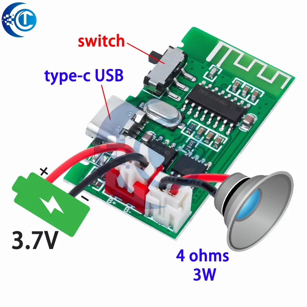 Amplificateur de puissance Bluetooth Mono 4 OHMS 3W PCBA avec fonction de charge de batterie au Lithium 3.7V intégrée, Module Bluetooth