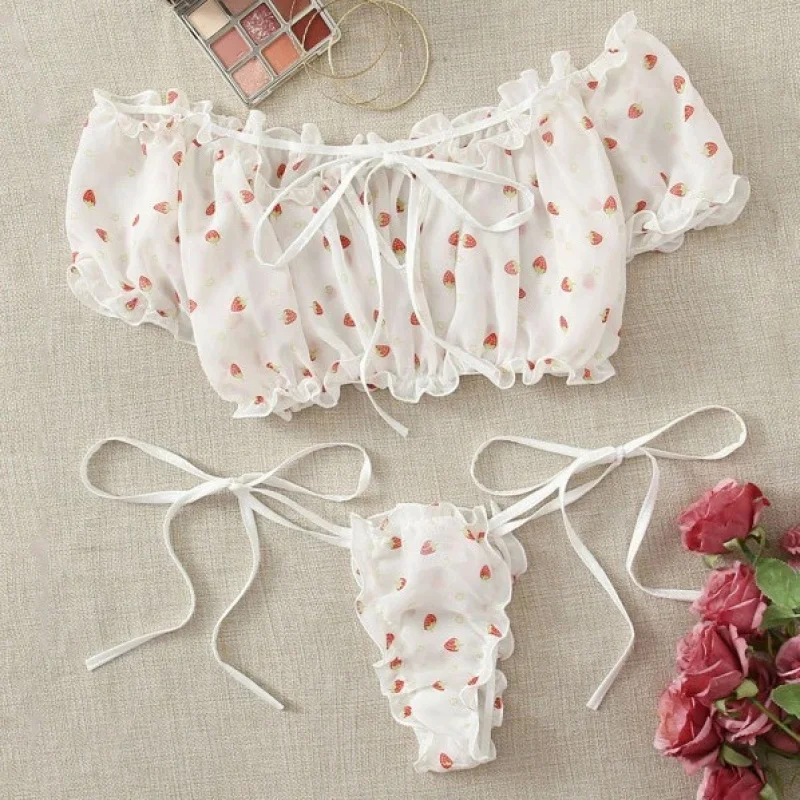 

2025 Strawberry Print Mesh Two-Piece Bikini Lingerie Q001