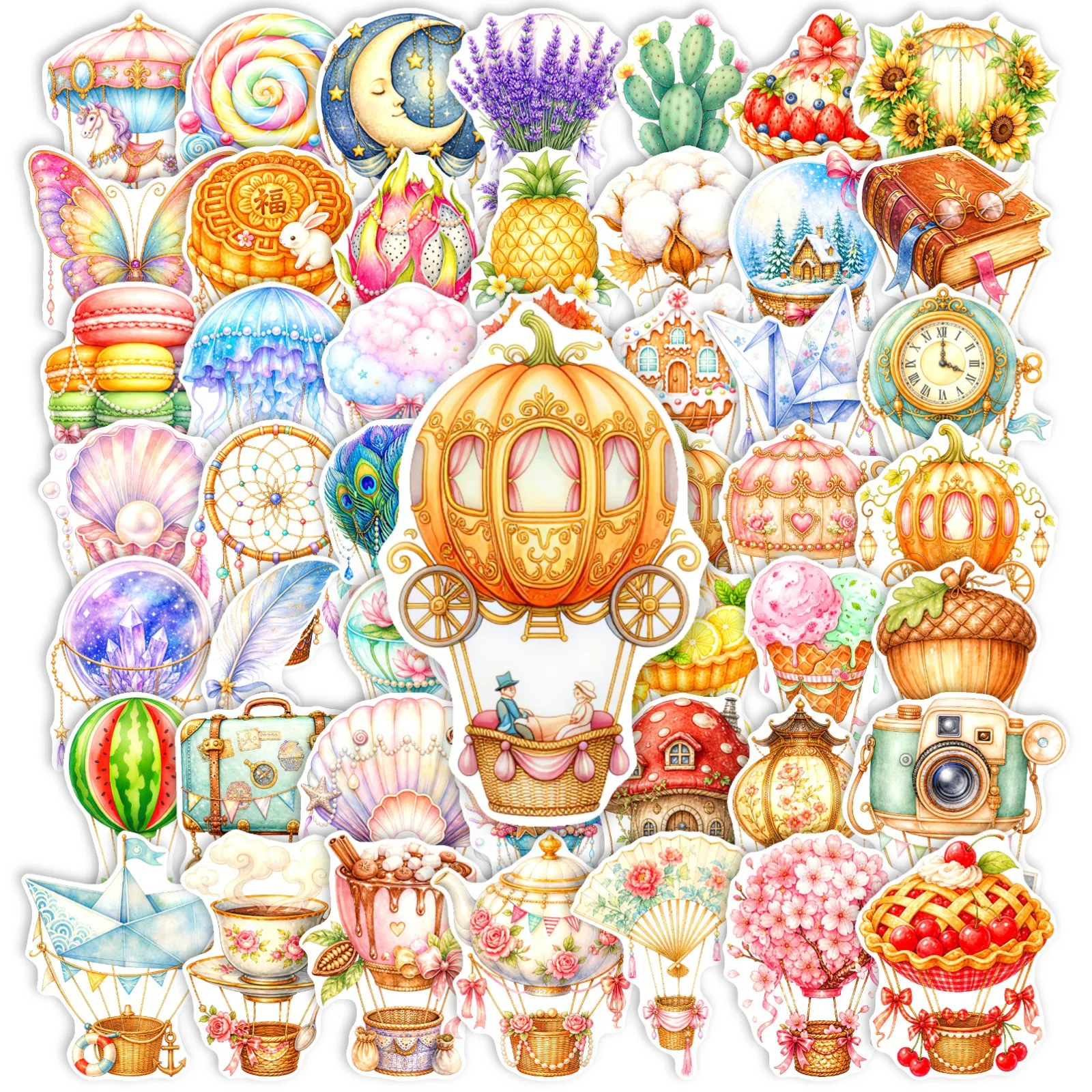 50Pcs Watercolor Hand Drawn Fairy Tale Stickers Dreamy Hot Air Balloon Decals Waterproof Graffiti Sticker Pack for Journal DIY D