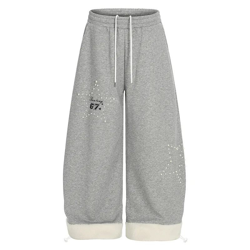 

American Lamb Wool Rolled Hem Star Beaded Women's Casual Pants Winter New Loose Fleece Fashion Warm Wide-Leg Trousers Ladies