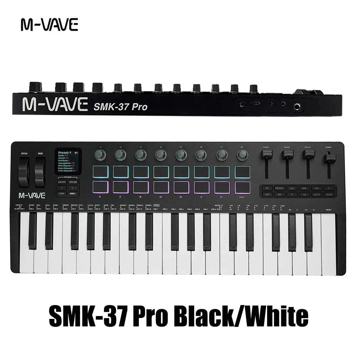 M-VAVE SMK-37 Pro Black/White MIDI Controller – 37 Velocity Keys, 16 Pads, 8 Knobs, 4 Faders, Arpeggiator, Sequencer, Bluetooth/