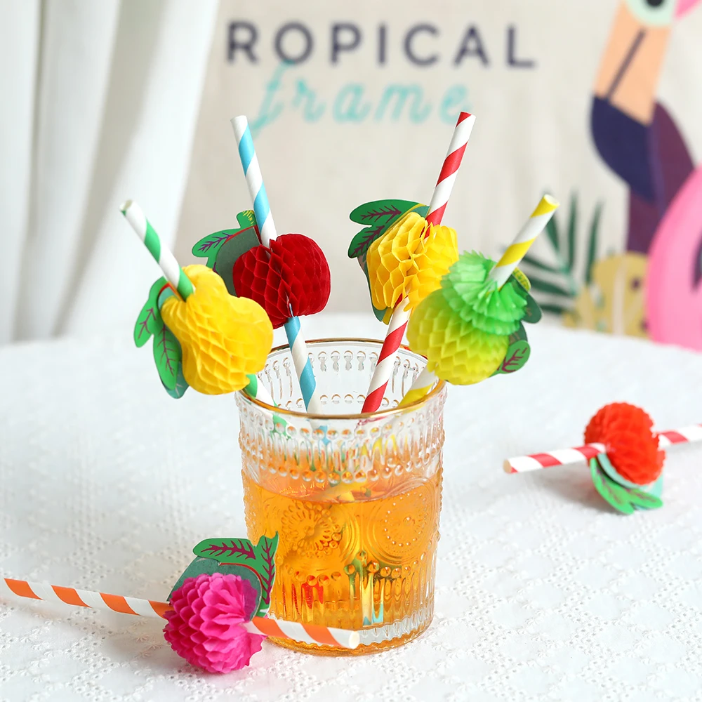 10Pcs Tropical Fruit Paper Straws Honeycomb Flamingo Pineapple Striped Straw Wedding Birthday Aloha Hawaiian Beach Party Decor