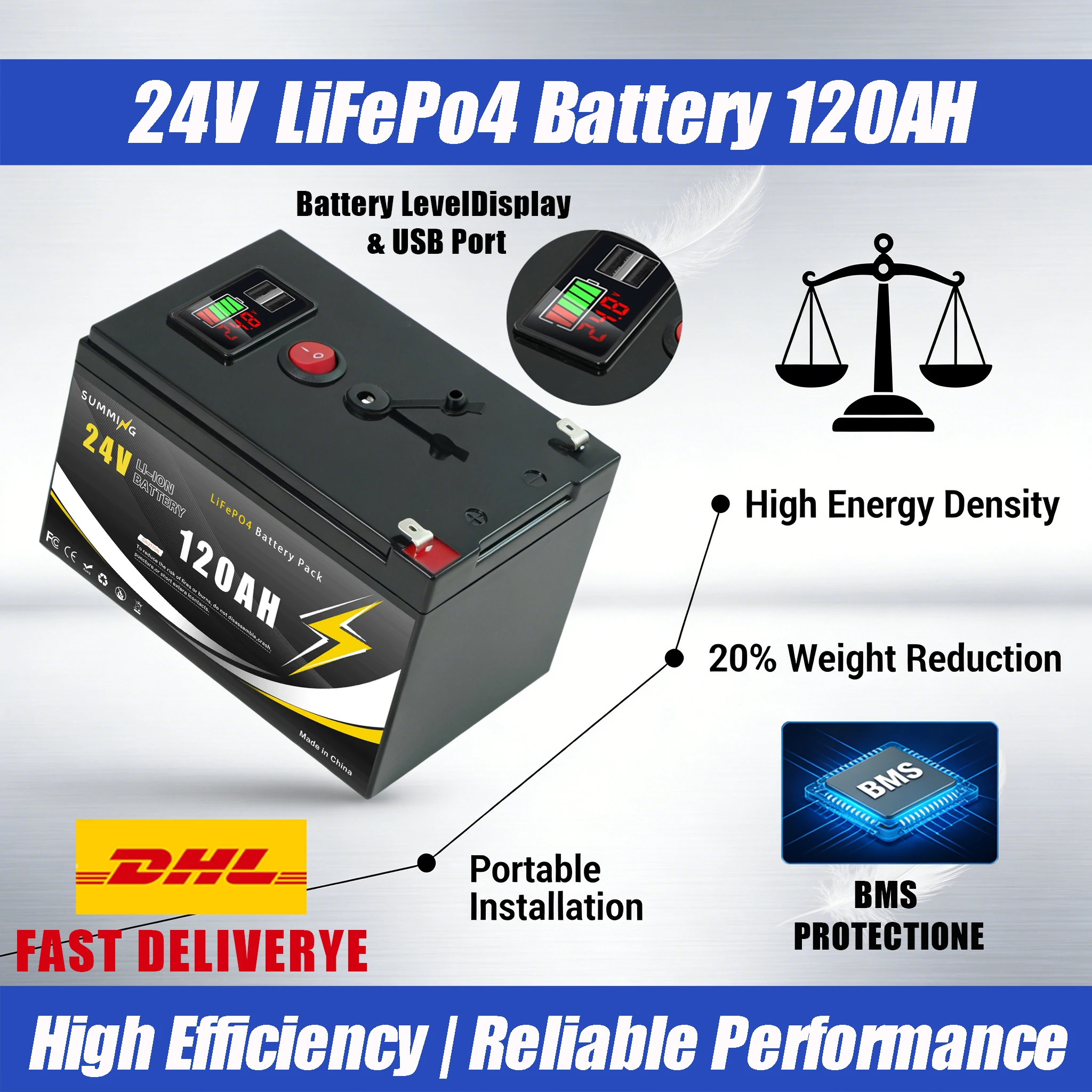 

120AH 24V RechargeableBattery Lithium Iron Phosphate Battery️with BMS for Reliable RV, Off-Grid, Marine&Solar Applications