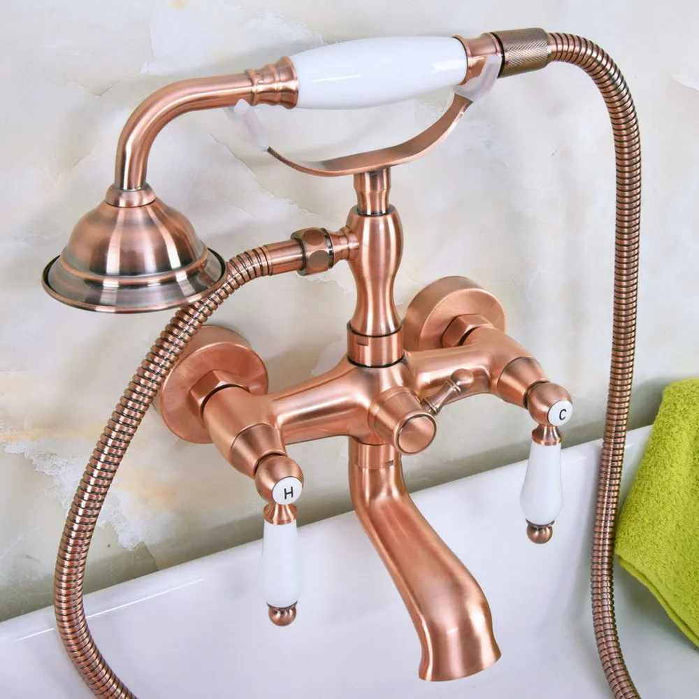 

Antique Red Copper Wall Mounted Bathtub Faucet Telephone Style Bath Shower Tap Dual Handle Tub Mixer Tap With Hand Shower