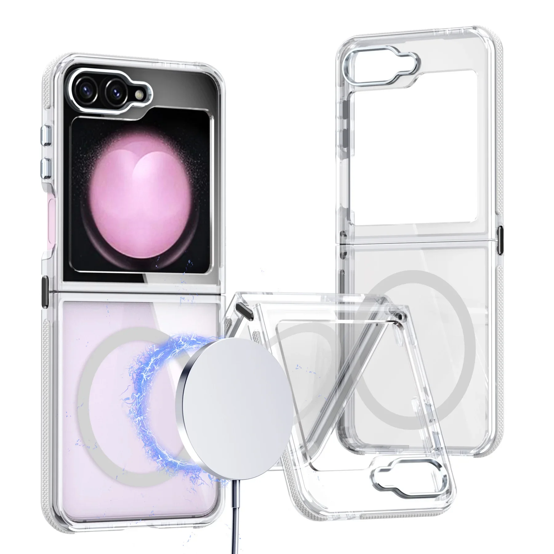 Colorful Transparent Metal Buttons Case for Magsafe Samsung Galaxy Z Flip 6 5 4 Magnetic Wireless Charging Shockproof Hard Cover