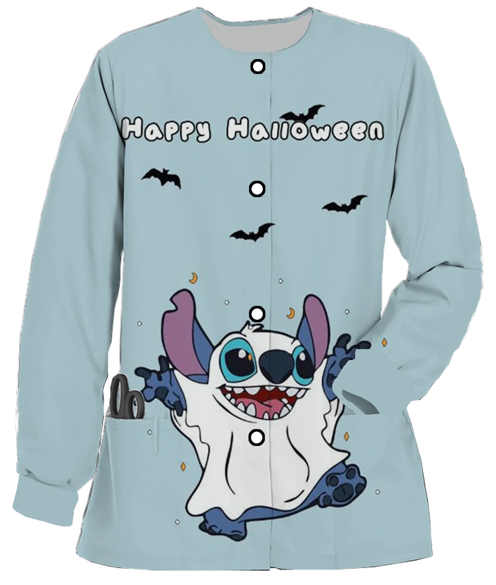 치과 의사 작업복 디즈니 스티치 만화 프린트 가을, 겨울 여성 더블 포켓 긴 소매 작업복 간호사 자켓