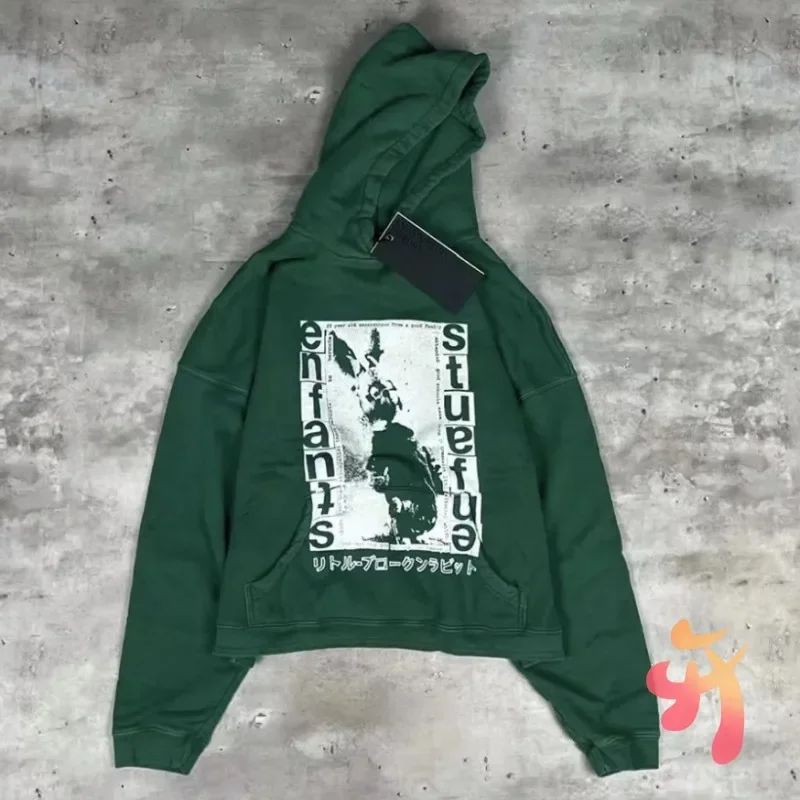 24ss Winter Vintage Washed Green Enfants Riches Deprimes Hoodies Slogan Rabbit Illustration Print ERD Sweatshirts Men Women