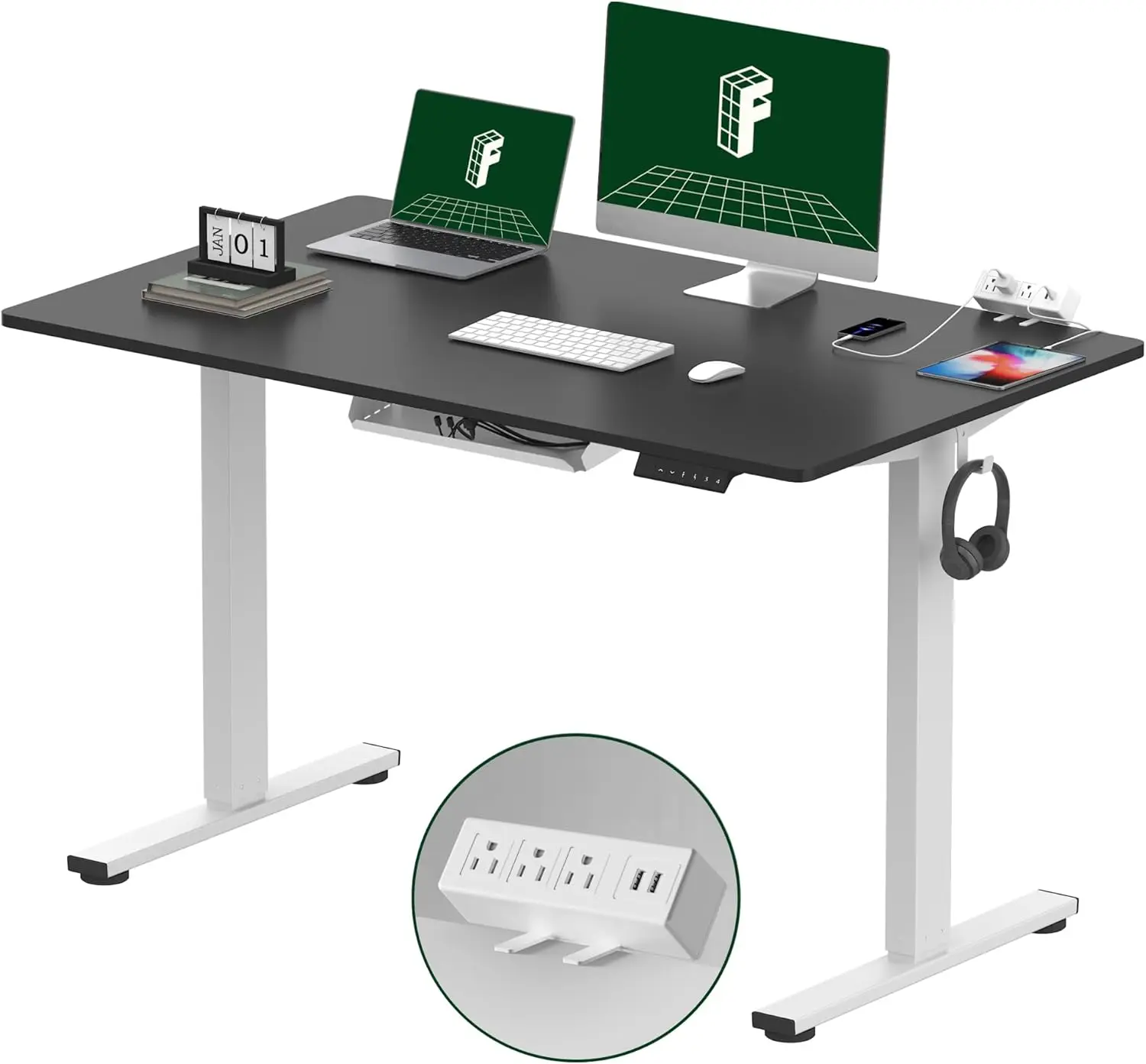 

Vertical table with clip on power board, 48 x 24 electrically adjustable height table (white frame+48 "black tabletop, 2 packs)