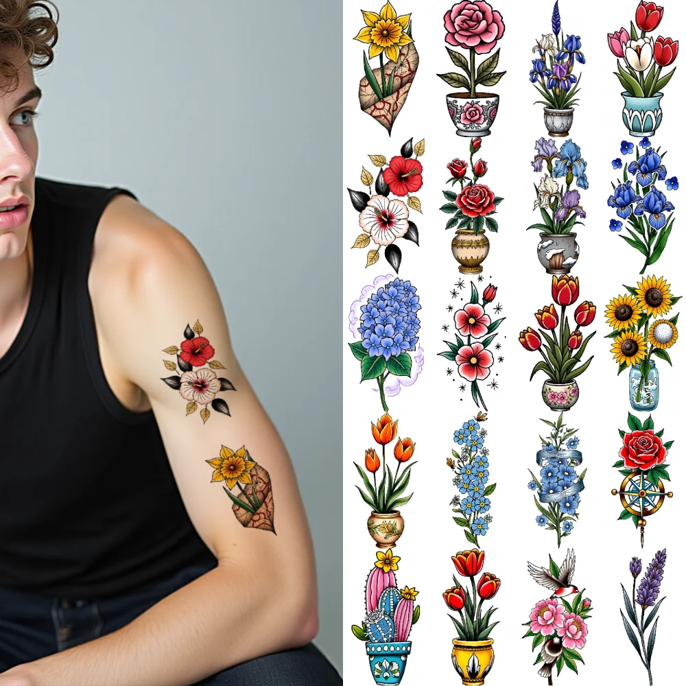 

28pcs Temporary Tattoo Waterproof Long-lasting Body Stickers Sunflowers Pink Hibiscus Red Tulips For Shoulders Men Arms