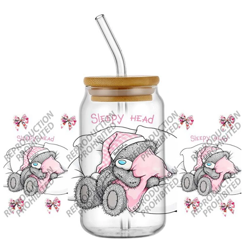 

New Design Cute Love Plush Bear UV DTF Cup Wraps for 16oz Glasses Cups Waterproof UVDTF Phone Transfer Sticker DIY Mug Wrap Gift