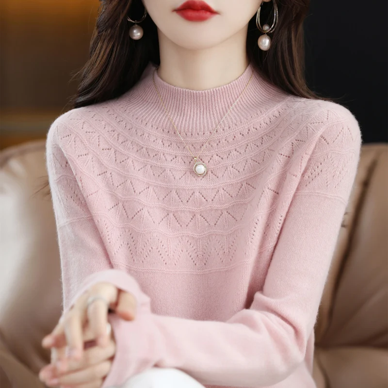 

New autumn and winter 100% wool single-line ready-to-wear hollow women's pullover O-neck cashmere sweater knitted solid color