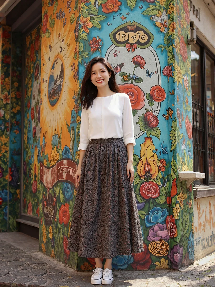 

Midi Floral Printed Skirts Womens Polka Dot Pleat Patchwork Layered Mesh Hem Pattern Chic Comfortable Summer Feminina Sweet