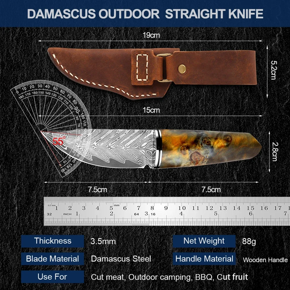 Damascus Steel Outdoors Knife Handmade Camping Straight Knife High Hardness Pocket Knife Sharp Fruit Knife with Leather Sheath