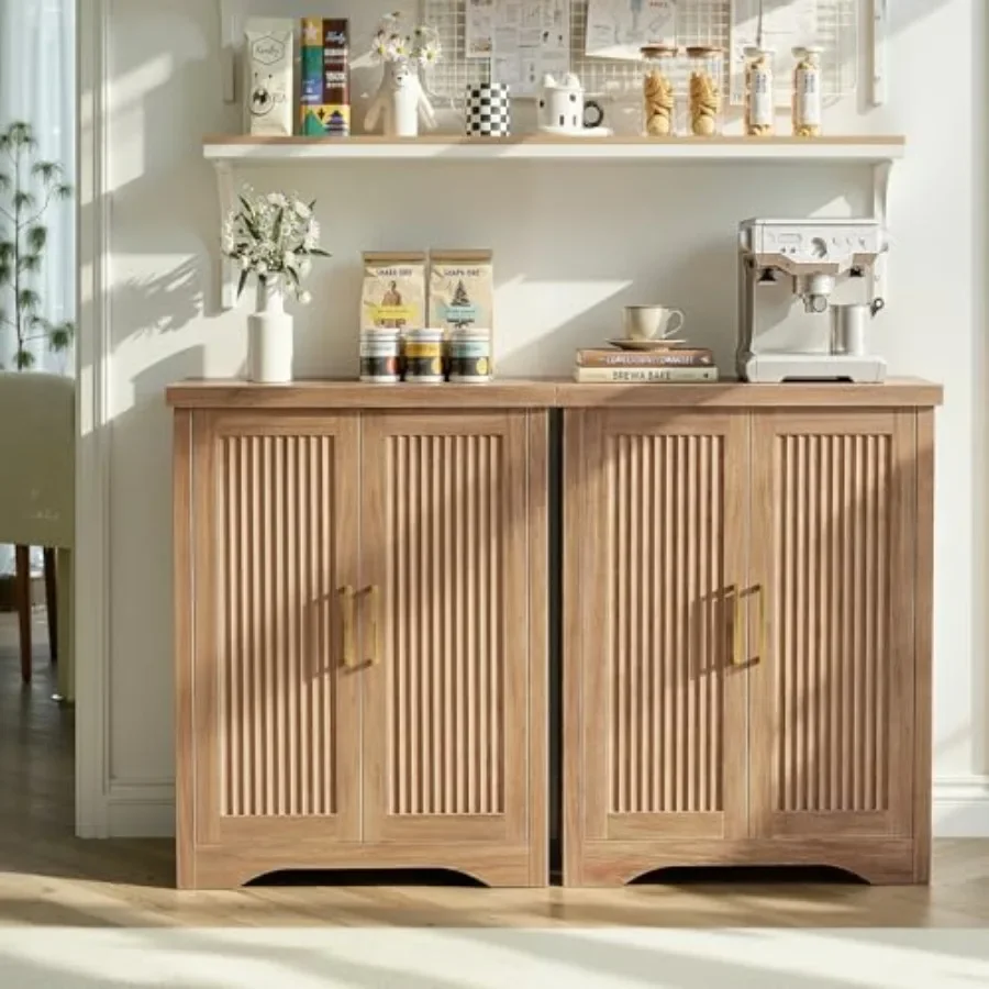Fluted Sideboard Buffet Cabinet with Storage for Dining Room, Natural Oak Wood, Warm Natural Tone, Elegant Vertical Groove Desi