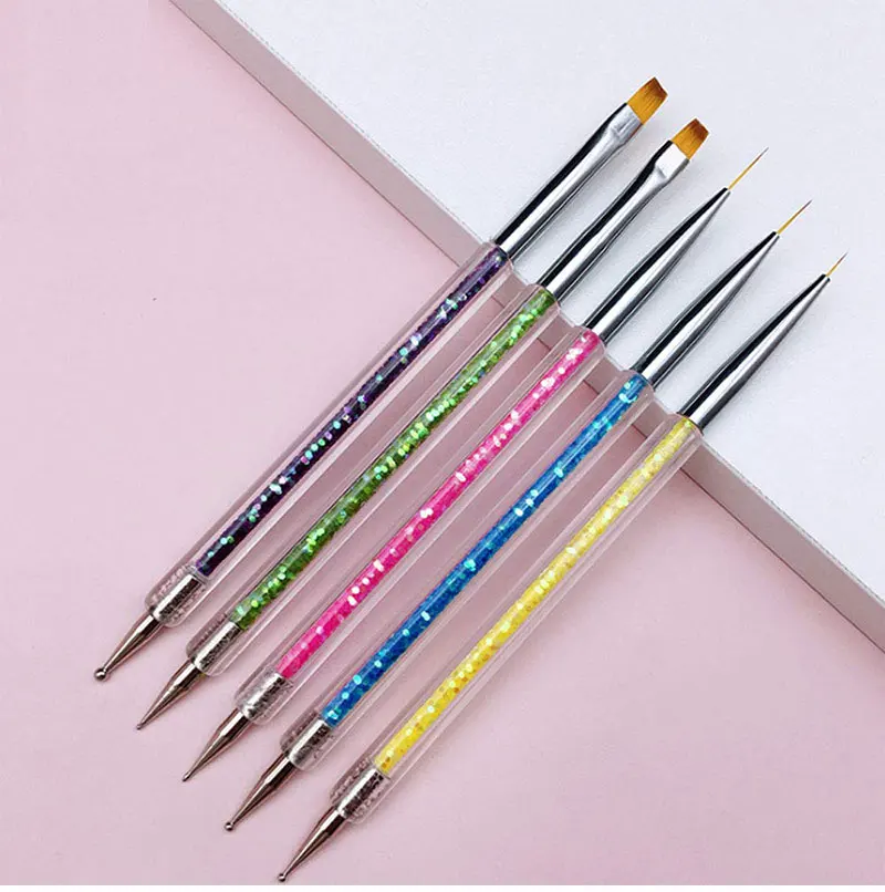 LULAA 2 In 1 Nail Art Dotting & Striping Pen Set Glitter Tube Handle Fine Line Brush DIY Nail Design Gel Polish Manicure Tools