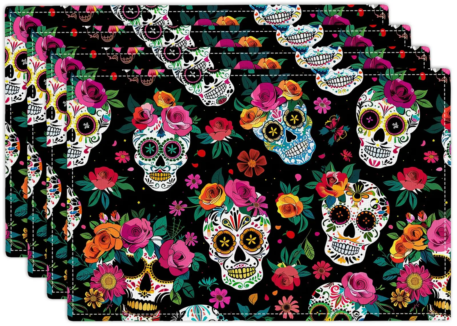 

Day of the Dead Skull Placemats Halloween Sugar Skulls Table Mats Mexican Flower Place Mat Linen Heat Resistant Placemats 12x18"