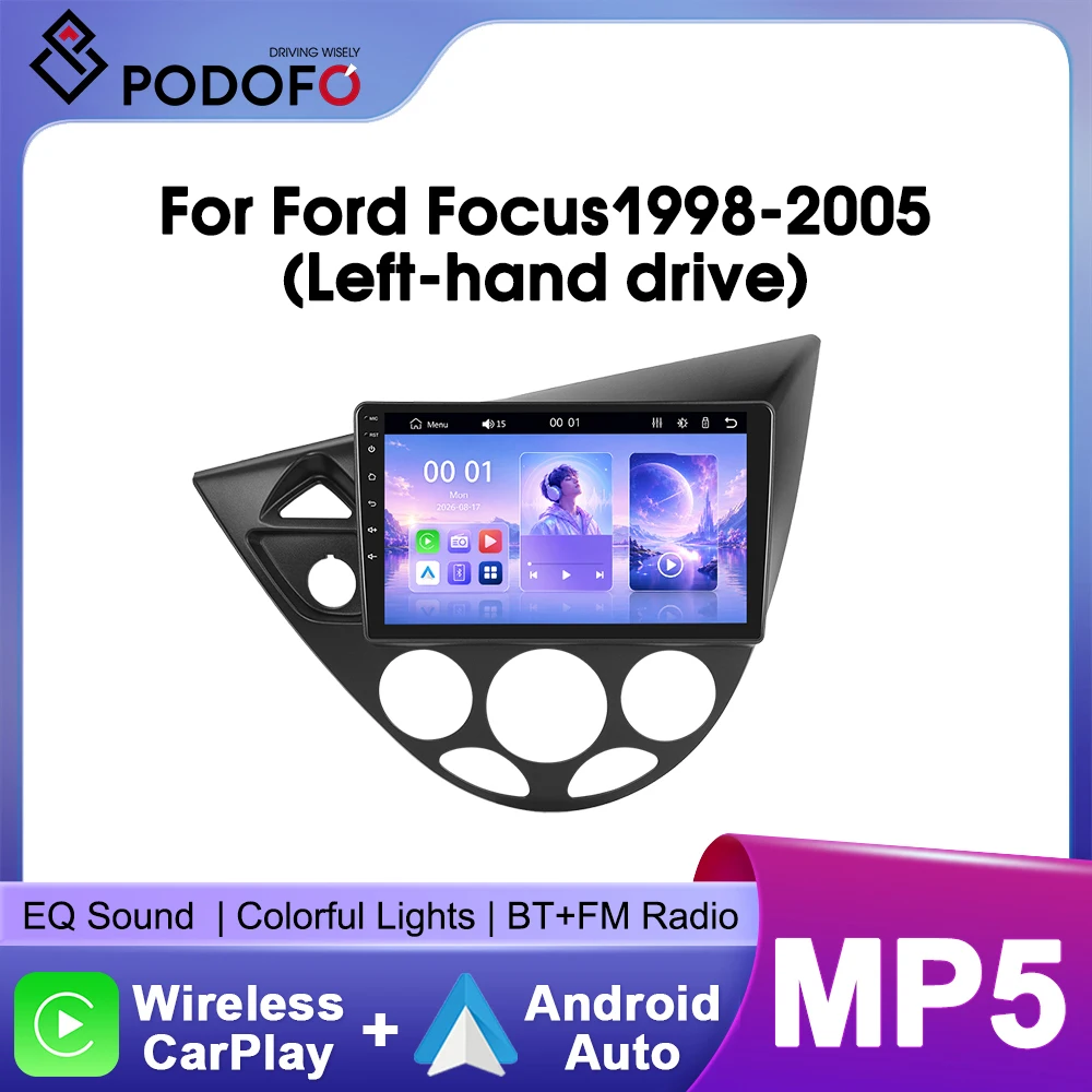 Autoradio stereo Podofo da 9 pollici per Ford Focus 1998-2005 (guida a sinistra) con CarPlay wireless, Android Auto, Bluetooth, MirrorLink, lettore multimediale video