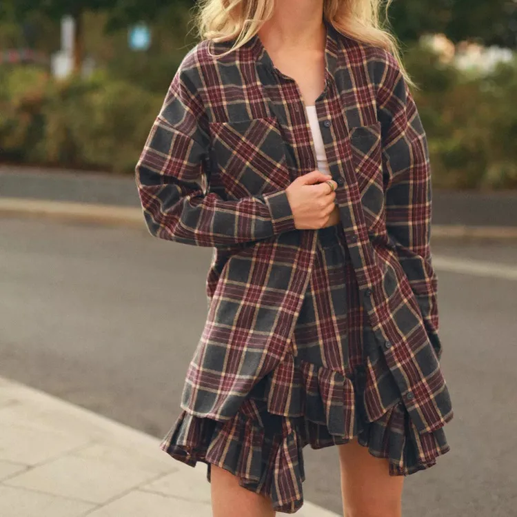 

Fashion Loose Plaid 2 Piece Sets Fashion Long Sleeev Pockets Button Shirts+Mid Waist Pleated Mini Skirts Sets