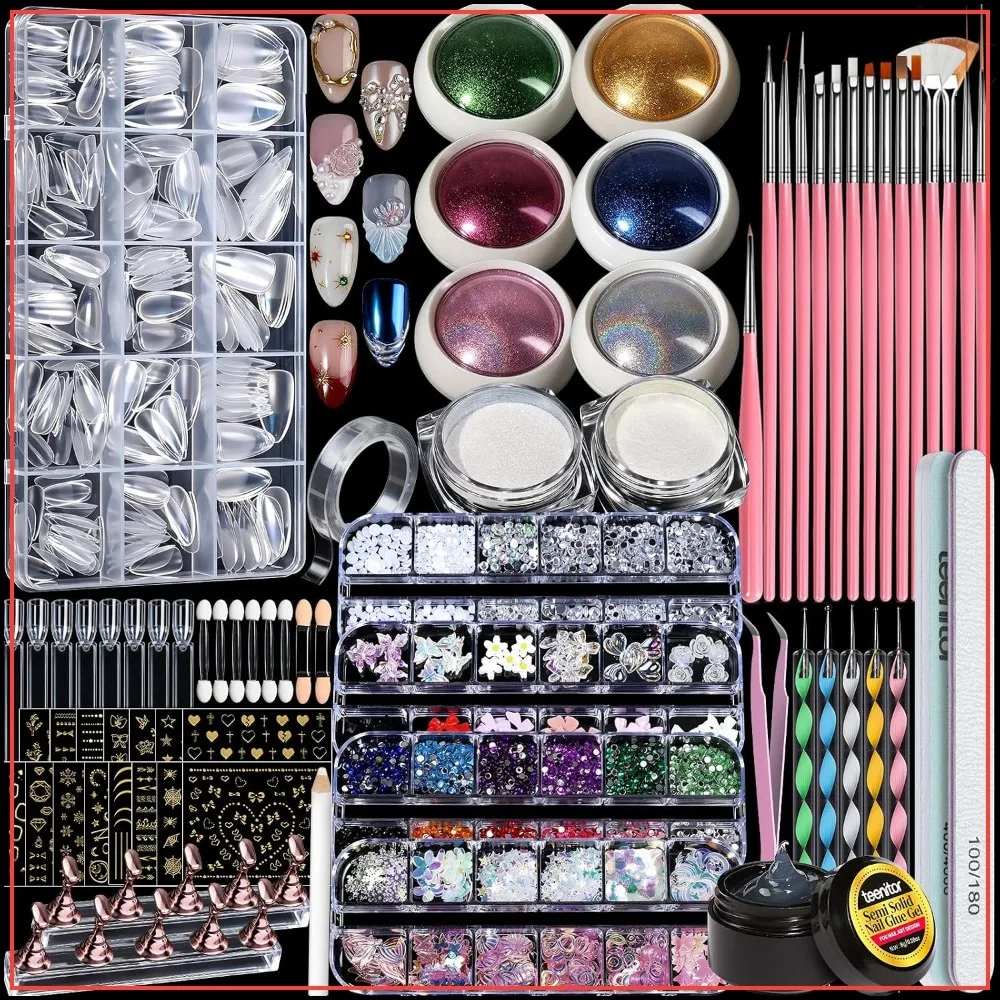 Acrylic Nail Kit with Chrome Powder, Almond Tips, Art Brushes, Charms, 3D Gel, Tools, Stand - Beginner Set