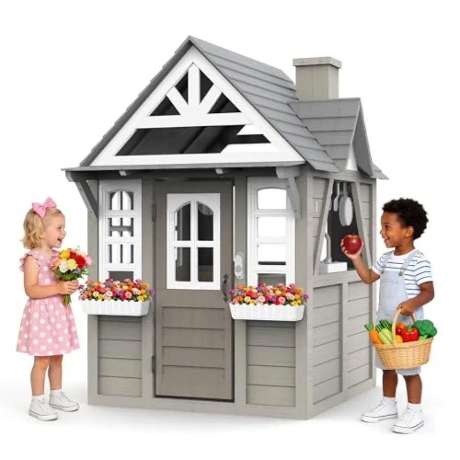 

Outdoor Cedar Playhouse for Ages 38: Weather-Resistant Wood, Natural Cedar Color, Durable Backyard Play Space with Play Kitchen