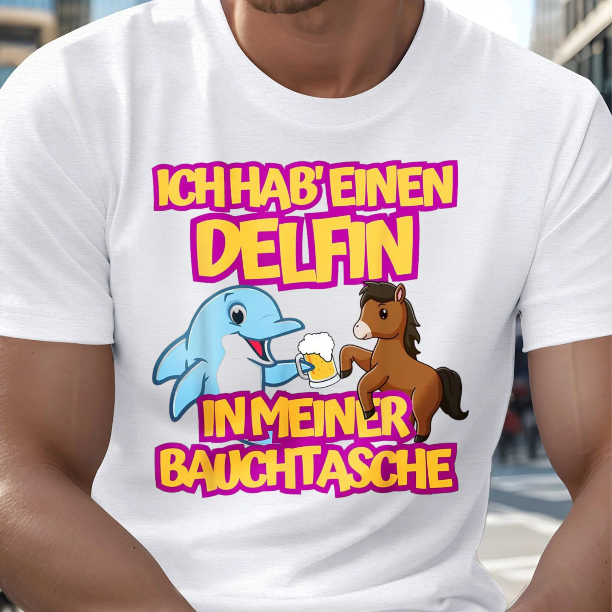 1 Stück 100% Baumwolle Unisex-Shirt mit Aufdruck „Ich habe einen Delfin in meiner Bauchtasche“, O-Ausschnitt, kurze Ärmel, T-Shirt-Druck, Übergröße, bequeme Freizeitkleidung, maschinenwaschbar.