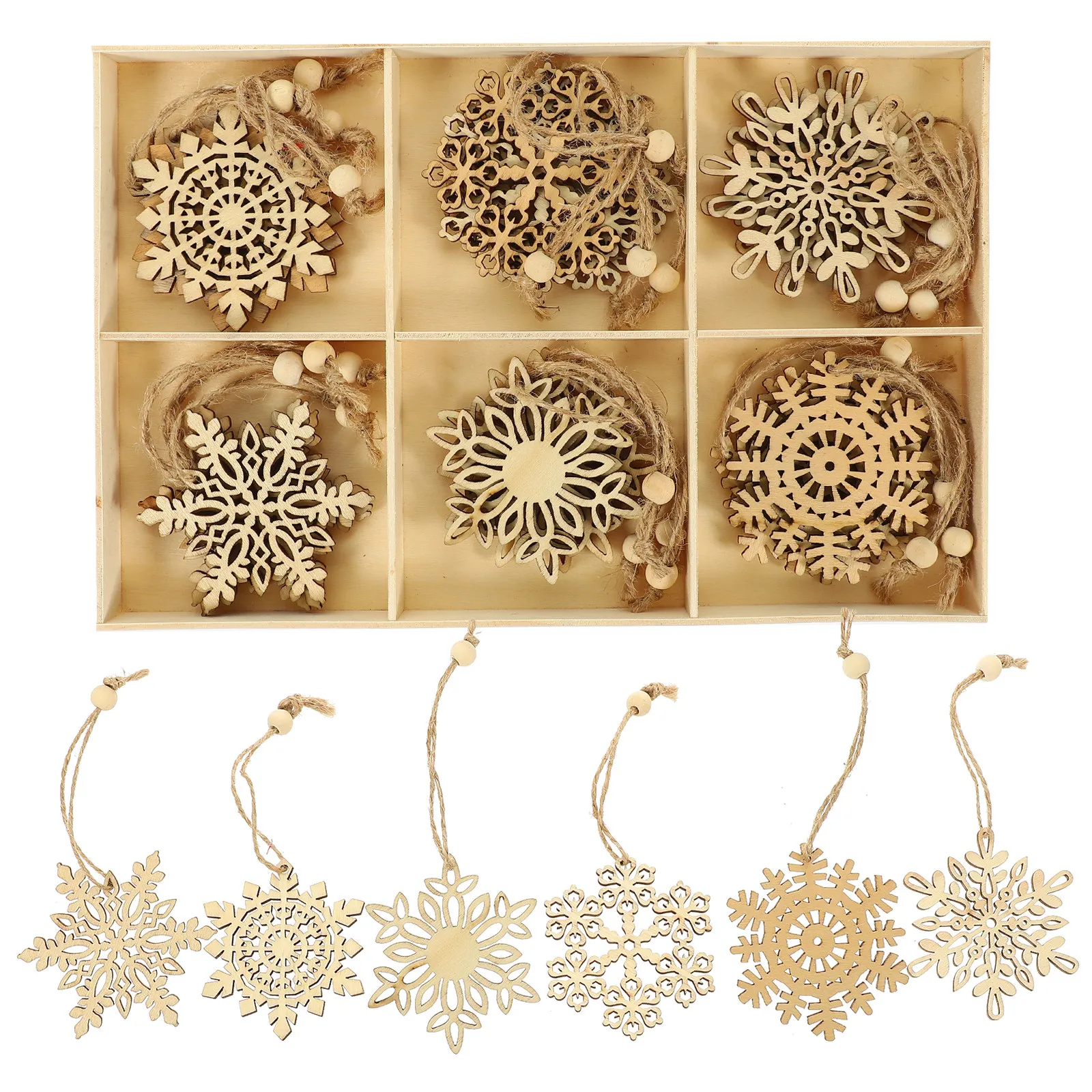 24Pcs Wooden Christmas Hanging Ornament Snowflake Shape Exquisite Detail Blank Surface Paintable Lanyard Included Xmas Tree