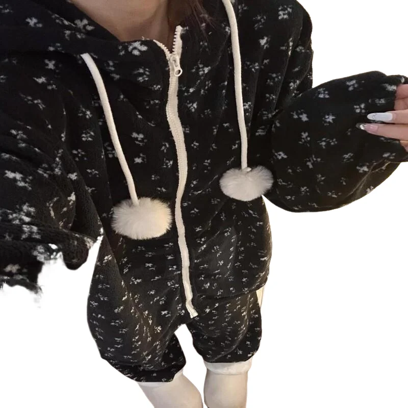 후드가 있는 파자마 세트 여성용 파자마 세트 여성용 따뜻한 겨울 파자마 패셔너블한 홈웨어, 귀엽고 부드러운 파자마 세트