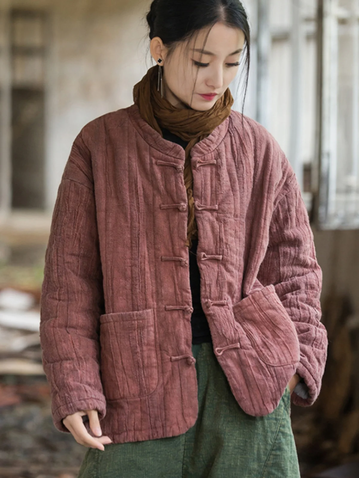 Thickened Cotton Linen Jacket Women's Stand Collar Button Embroidery Cotton Coat Retro Style Chinese Style New Winter Outerwear