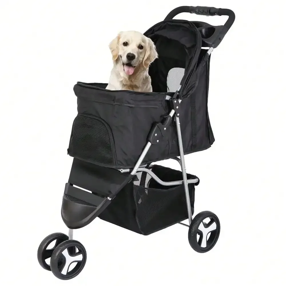 Dog Stroller 3 Wheels Pet Stroller Foldable Dog Cat Carrier Strolling w/Cup Hold