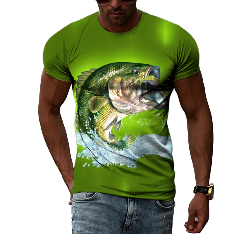 Summer Men's Casual Fashion T-shirt Personality Trend Hip-Hop Style Round Neck 3D Printing Marine Fish Graphic Short-Sleeved Top