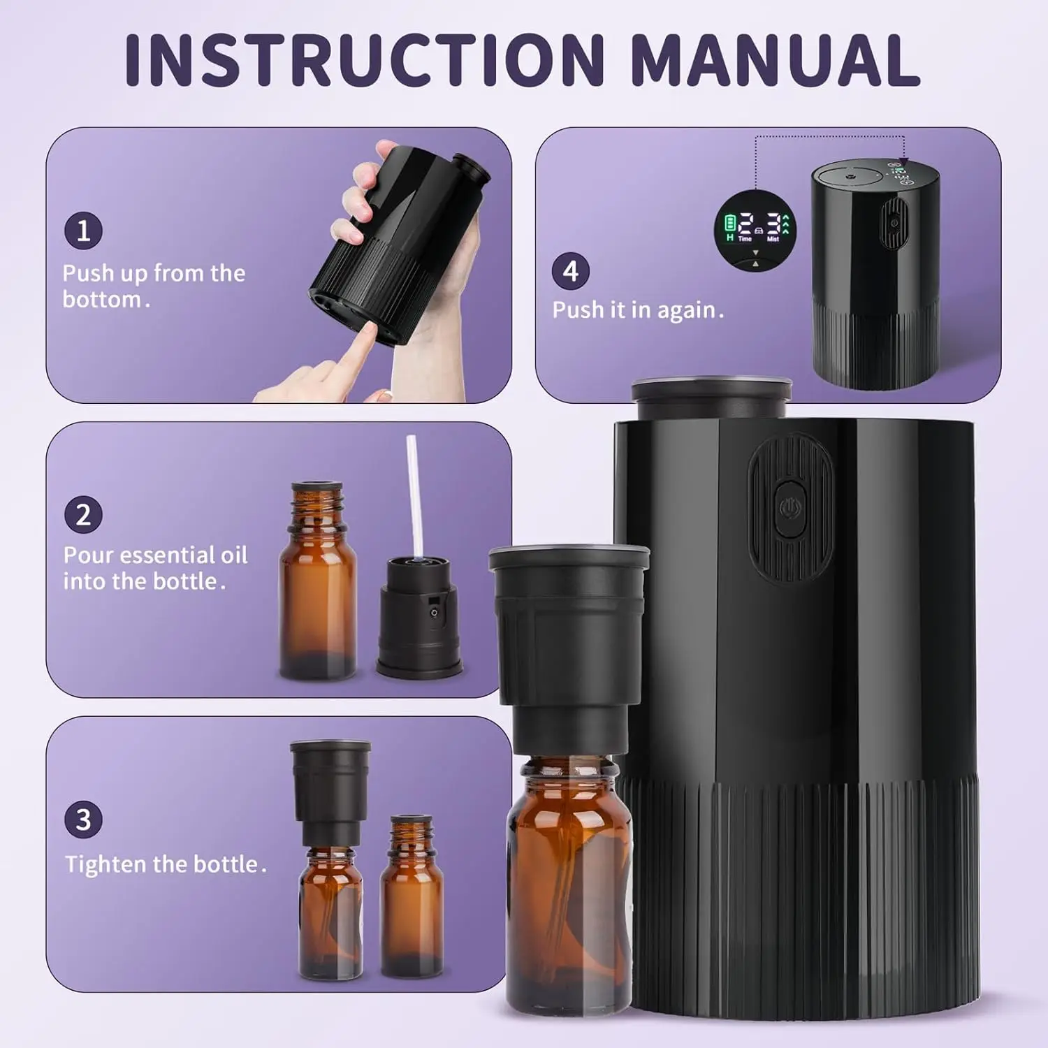 Waterless Diffuser for Essential Oil: Portable Nebulizing Essential Oil Diffuser, Aroma Diffuser for Car, Travel Use, Home