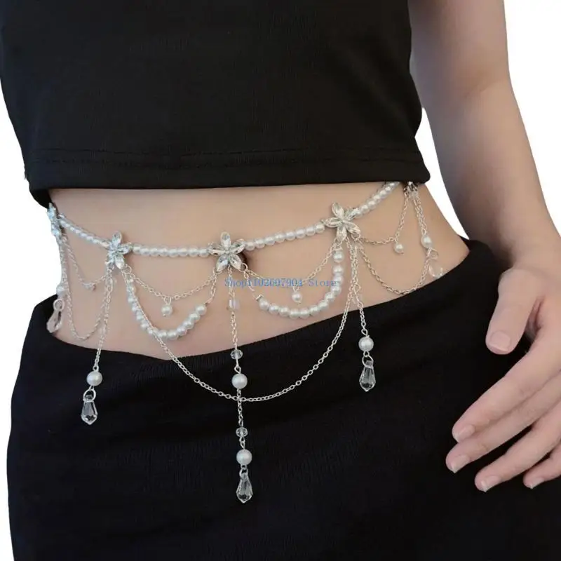 

N7YF Decorative Waist Chain Single/Multi Layer Floral Pearls Designing Waist Belt