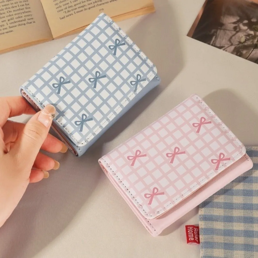 Cute PU Leather Short Wallet Multi Card Slot Grid Bow Print Card Holder Foldable Credit Card Holder