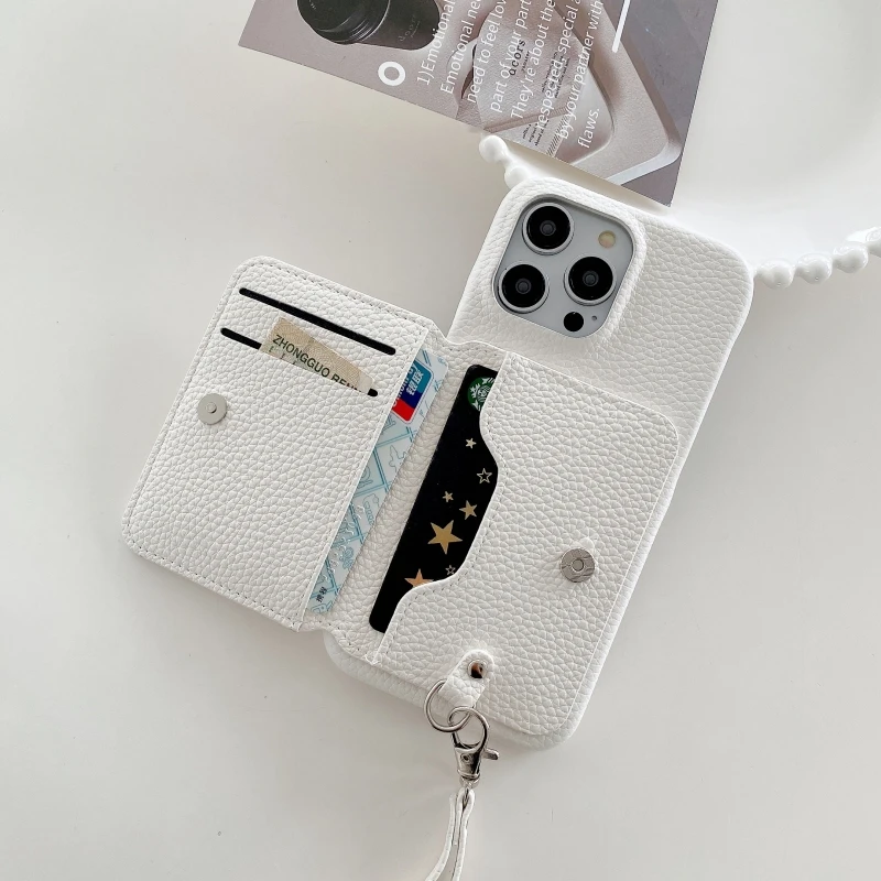 Wrist Strap Wallet Phone Case for iPhone 15 14 13 12 11 Pro Max Luxury Litchi Patterned Shockproof PU Leather Cover