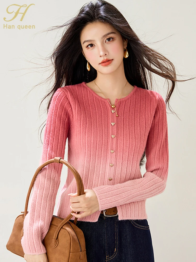 

H Han Queen 2025 Autumn Pullover Tops Loose Korean Fashion Buttons Long Sleeve Women's Sweaters Vintage Casual Woman Clothing