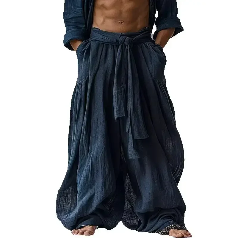 

Men's Cotton Linen Pants Wide Leg Baggy Pants Summer Elastic Waist Loose Casual Pants Yoga Beach Palazzo Trousers