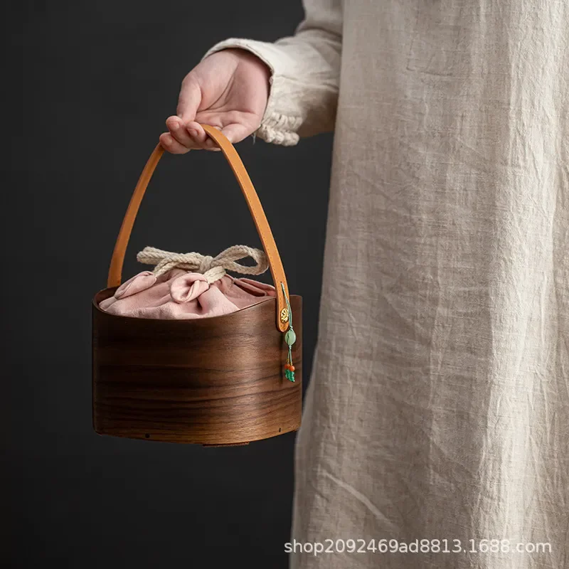 Black Walnut Tea Set Storage Box Cosmetics Jewelry Wine Bottle Japanese Sundries Box Picnic Basket Woven Storage Basket
