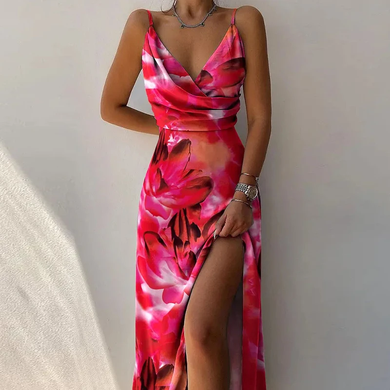 Sexy V-neck High Split Long Dress Summer Women Floral Party Dresses Sleeveless Beach Dresses Evening Robe Robe De Soiree