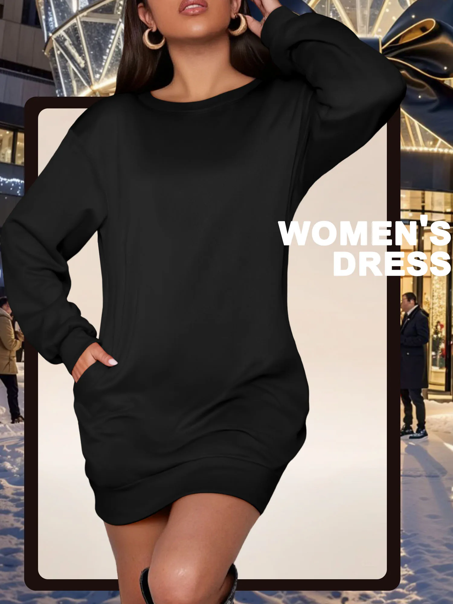 

Новинка: Женское черное платье-свитшот с длинным рукавом, круглым вырезом, карманами и модным повседневным дизайном.