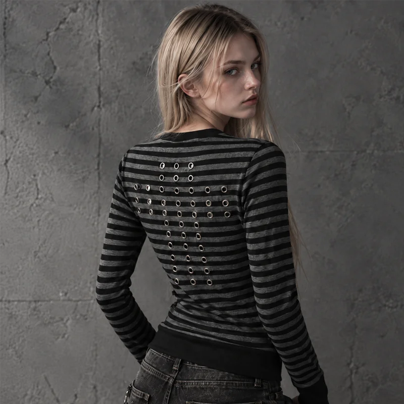 Autumn Women Y2K Black Gray Striped Long Sleeve T Shirt Back Grommet Detail Slim Fit Crew Neck Punk Gothic Streetwear Top