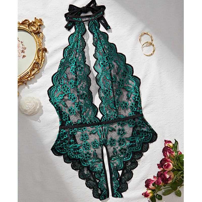 Green Translucent Open Crotch Lace Sexy Lingerie Teddy Deep V Crotchless Underwear Women Sex Backless Bodysuit Erotic Costumes