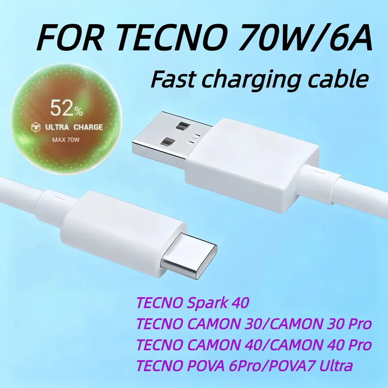 for TECNO 70W Fast Charging Cable USB to Type-C for TECNO Spark 40 /CAMON 30/40 /CAMON 30 Pro /40Pro /POVA 6 Pro/POVA 7 Ultra