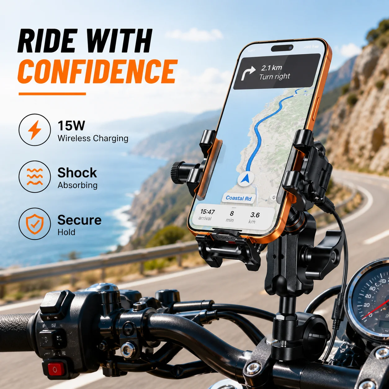 Motorcycle Phone Holder 15W Wireless Charger Aluminum Alloy 360° Adjustable Shock-Absorbing Handlebar GPS Mount with Lock